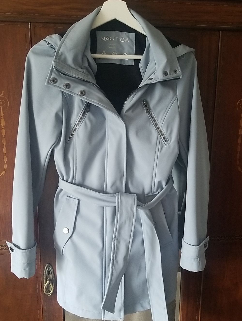Nautica Light Blue Hooded Waterproof Trench Coat/Raincoat XS